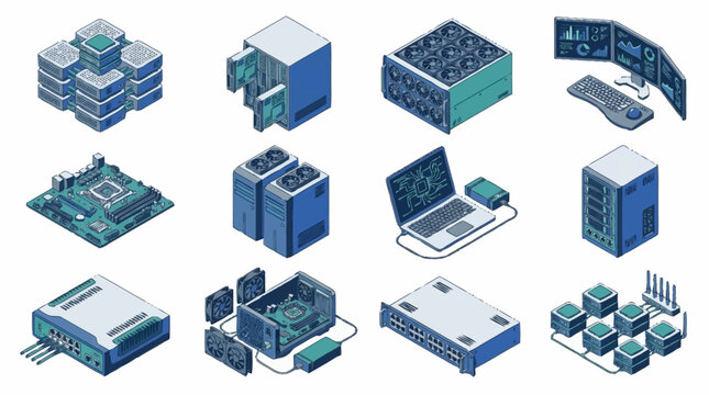 Isometric Technology Hardware and Server Room Icons.