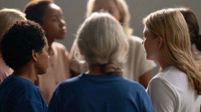 Diverse group of people with closed eyes embracing in a circle showing support empathy and unity in a moment of quiet reflection and connection