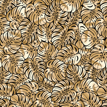 Vector seamless pattern with tropical monstera leaves on black background. Luxurious gold palm tree illustration