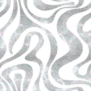 Vector seamless pattern with silver holographic glitter waves. Metallic geometric liquid texture on white background