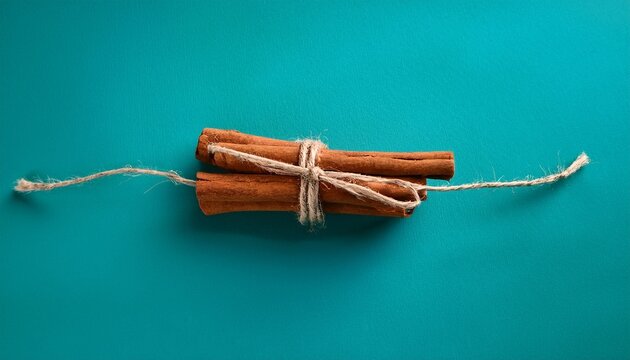 stylish minimal food composition of cinnamon sticks with string on turquoise background in close up view fresh and modern aesthetic mood perfect for posters banners packaging culinary visuals