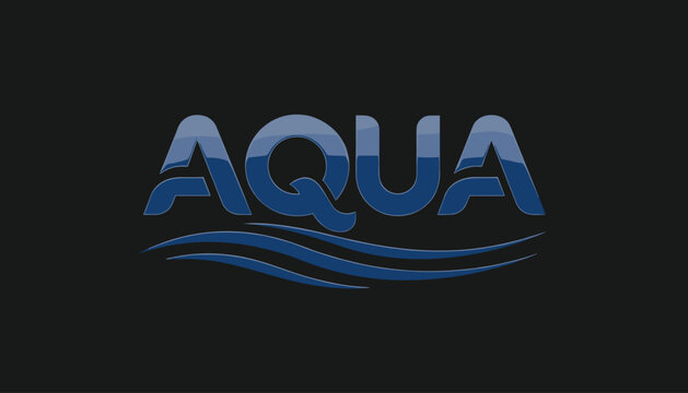 Aqua corporate logo design template in glossy blue font over stylized blue water waves on a black background.
