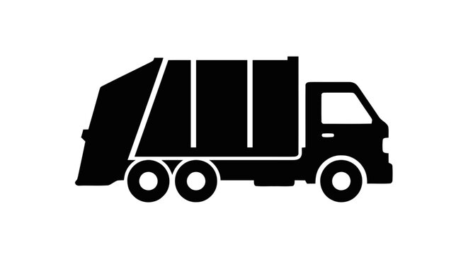 Vector illustration of garbage truck silhouette icon, waste collection vehicle on a transparent background