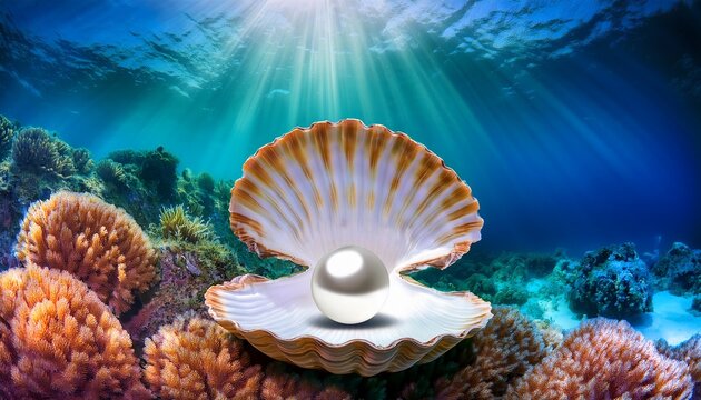 exquisite pearl in a shell on a vibrant sunlit underwater coral reef