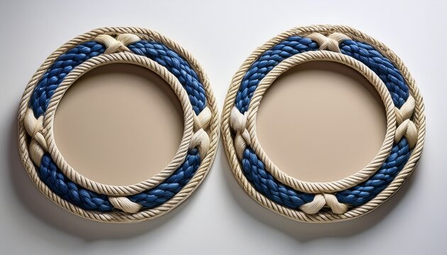 elegant pair of oval braided rope frames featuring nautical blue and beige decor for branding