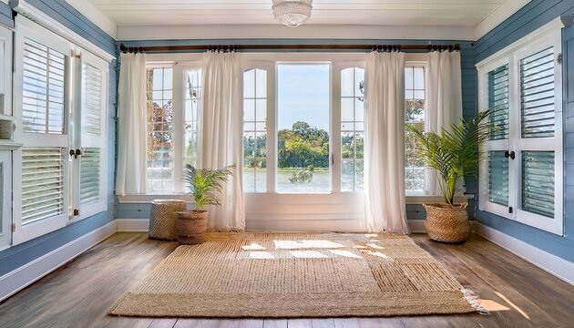 a coastal style home features white plantation shutter windows breezy curtains and a rattan rug on the wooden floor an intricately patterned light blue and white rug adorns the sunroom s floor