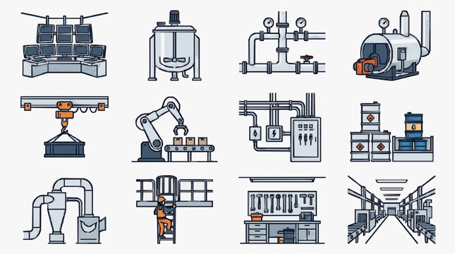 Creative Illustrated Collection of Industrial Machinery and Factory Equipment in Minimalist Gray Orange and Blue