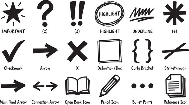 Hand Drawn Doodle Elements Including Checkmark Arrow Question Mark And Highlight
