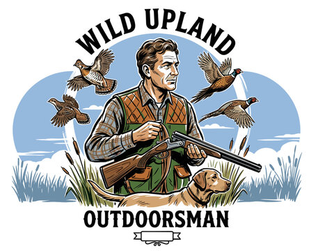 Wild upland outdoorsman vector emblem. Hunter with shotgun and retriever dog flushing pheasants. Vintage hunting club logo design.