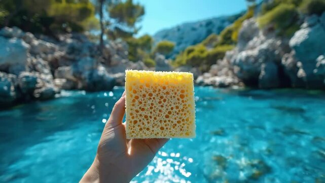 Close-up of hand holding yellow sponge against scenic rocky coastal background