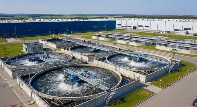 Sprawling wastewater treatment plant with circular settling tanks and industrial buildings under a clear blue sky