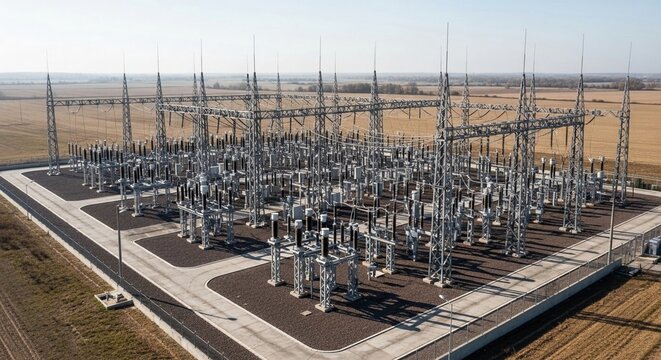 Vast electrical substation infrastructure with towering steel structures and complex equipment under a clear daytime sky, showcasing industrial energy transmission.