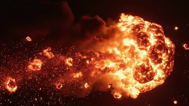 Powerful Fireball Explosion Bursting With Intense Sparks and Smoke