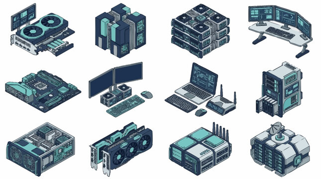 Isometric Collection of Modern Computer Hardware and Servers.