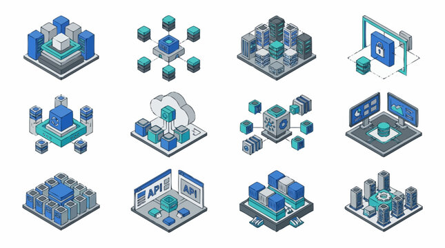Isometric Technology Network and Data Center Icons.