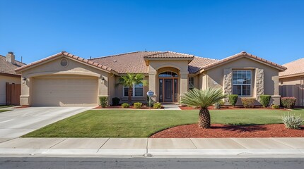 Fototapeta premium Single-story Mediterranean-style house with stucco exterior