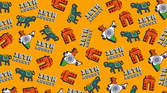 India Independence Day Pattern Animation &ndash; Looping 4K festive background featuring repeating India map, Ashoka Chakra, elephant, India Gate, and 15th August text in playful patriotic seamless pattern.