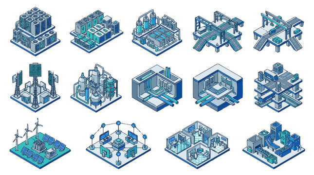Isometric Technology and Data Center Network Icons.