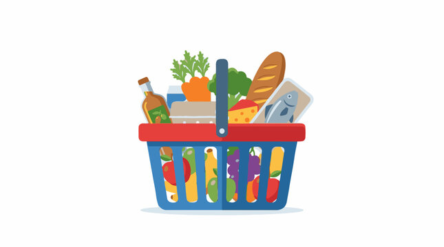 A blue shopping basket filled with various colorful food items