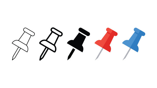 Pushpin icon. Pin symbol. Pinned item sign. Simple pictogram for attachment, reminder, important note, saved post and office interface design.
