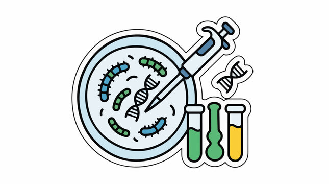 A cartoon graphic of a petri dish with worms DNA and a syringe
