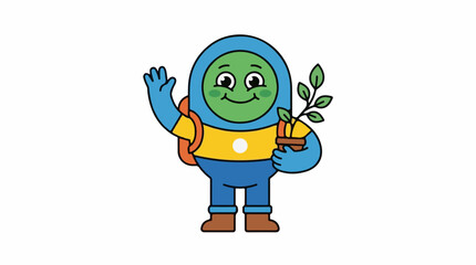Obraz premium A cartoon character with a green face wearing blue and yellow holds a plant