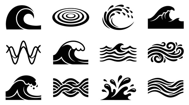 Set of various black pixel art wave icons and ripple symbols illustrating water movement and ocean currents for game design