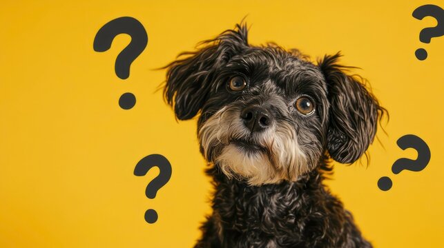 An adorable and bewildered little dog is illustrated with question marks encircling it, positioned against a lively yellow background.