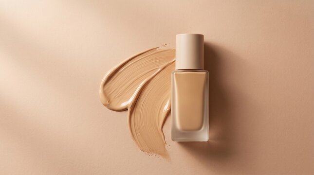 Liquid foundation bottle with makeup swatch on beige background