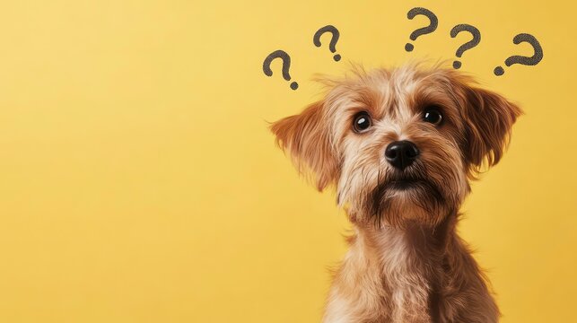 An adorable and bewildered little dog is illustrated with question marks encircling it, positioned against a lively yellow background.