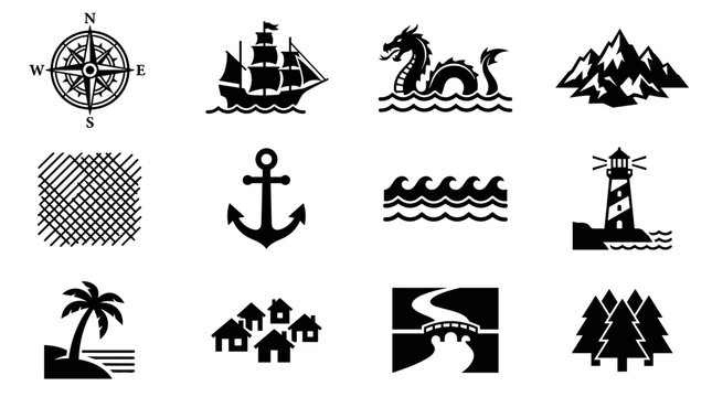 Set of isolated black and white pixel art style icons featuring various pirate and adventure elements including a compass, ship, sea monster, mountains, anchor, waves, lighthouse, palm tree, village