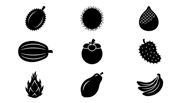 Pixel art exotic fruits icon set, including mangosteen, rambutan, dragon fruit, and banana, retro game style design