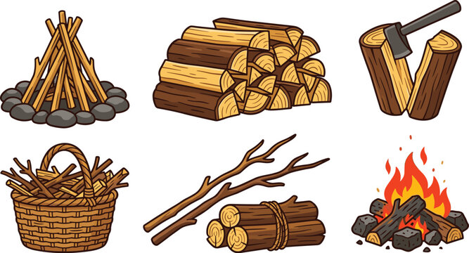 Set of firewood and campfire wood illustrations featuring log piles kindling branches axe chopping and rustic forestry elements isolated on white background