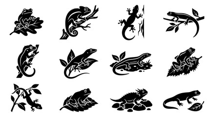 Obraz premium Set of various lizard silhouettes on branches and leaves, black and white icon collection, wildlife vector art, reptile graphic elements