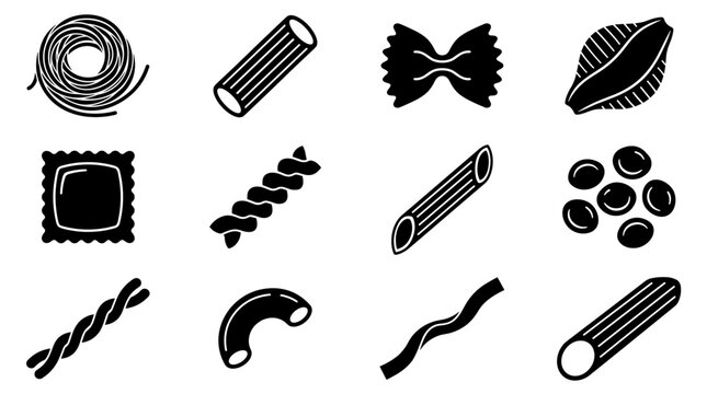 A collection of various pasta shapes, including spaghetti, penne, farfalle, and shells, presented as simple black line icons, ideal for culinary themes or menu design