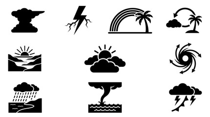 Naklejka premium Set of pixel art weather and natural disaster icons including sun, clouds, storm, rainbow, tornado, hurricane, rain