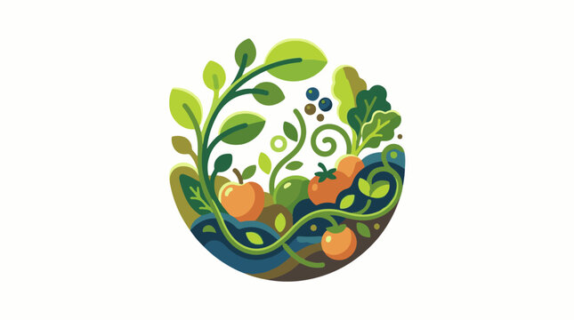 A colorful illustration of a stylized half-circle garden with various fruits and vegetables