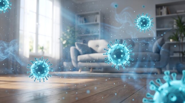 3D render of airborne pathogens contaminating indoor home environment