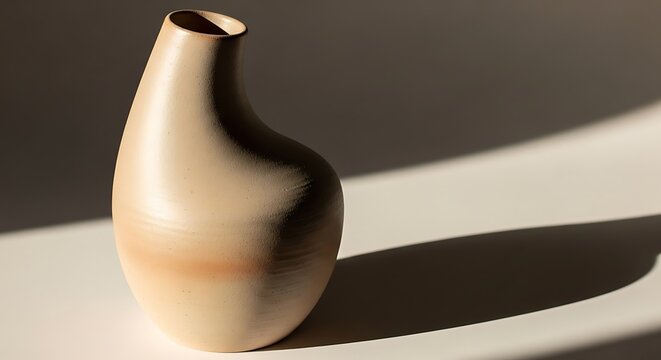 Minimalist Beige Ceramic Vase with Elegant Organic Shape and Dramatic Shadow on Neutral Background, Modern Home Decor Still Life in Natural Light
