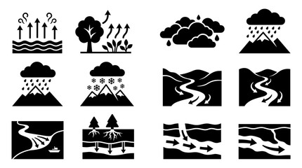 Obraz premium Water cycle diagrams and river icons set, depicting evaporation, precipitation, and flowing streams for education