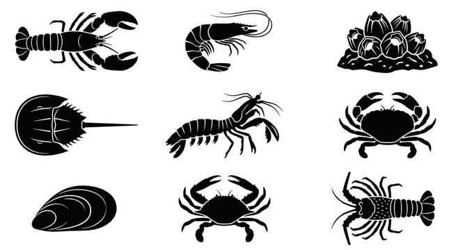 A collection of marine invertebrates as pixel art icons in black and white, featuring various seafood, perfect for game assets or educational materials