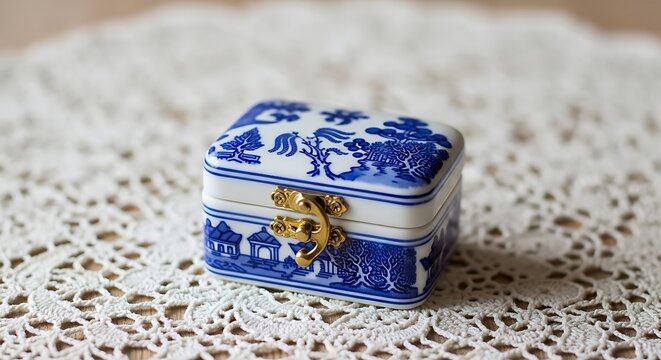 Elegant Blue and White Porcelain Trinket Box with Golden Latch on Lace Doily, Miniature Decorative Ceramic Keepsake Closeup