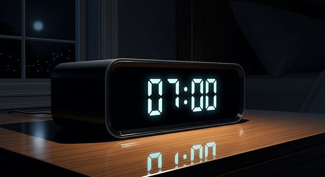 Digital Alarm Clock Displaying 07:00 on Bedside Table at Night with Moonlight Through Window, Morning Wake Up Concept, Bedroom Interior and Time Management
