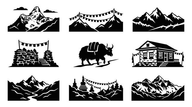 Set of pixelated mountain landscapes and elements, featuring yak, house, and prayer flags, ideal for retro game design
