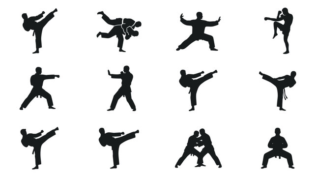 Set of pixelated martial arts silhouettes showing various karate and taekwondo poses for digital design