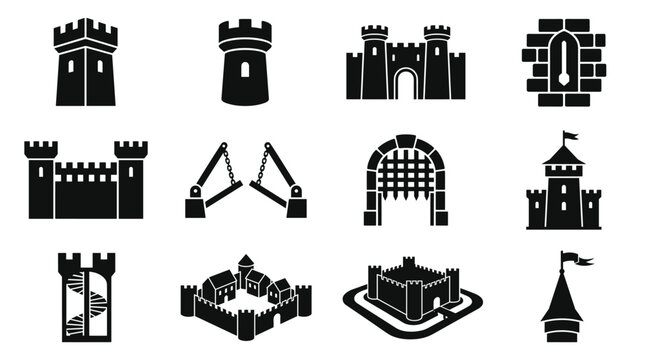 Set of black castle and fortress icons, medieval architecture, stronghold and tower symbols for protection and defense