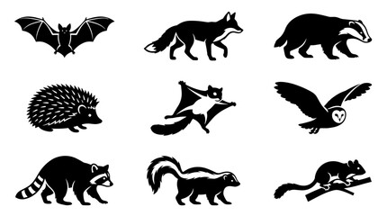 Obraz premium Pixel art animals collection, including bat, fox, badger, hedgehog, flying squirrel, owl, raccoon, skunk, and weasel in black and white