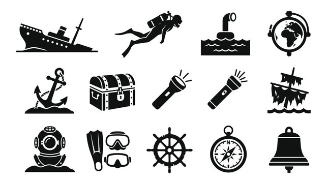 Pixel art collection of diving and shipwreck icons, including a sunken ship, scuba diver, submarine, compass, anchor, treasure chest, flashlight, diving helmet, flippers, diving mask, ship's wheel