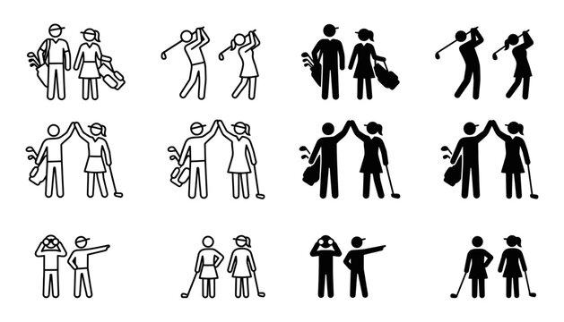 Man and Woman Playing Golf Together Icons Black and White Sports Vector Collection
