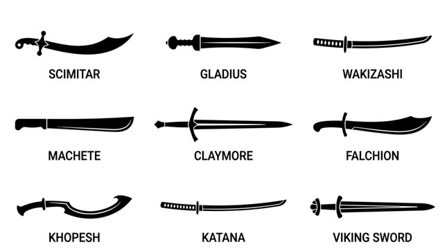A collection of isolated black silhouettes of various historical swords including scimitar, gladius, wakizashi, machete, claymore, falchion, khopesh, katana, and Viking sword